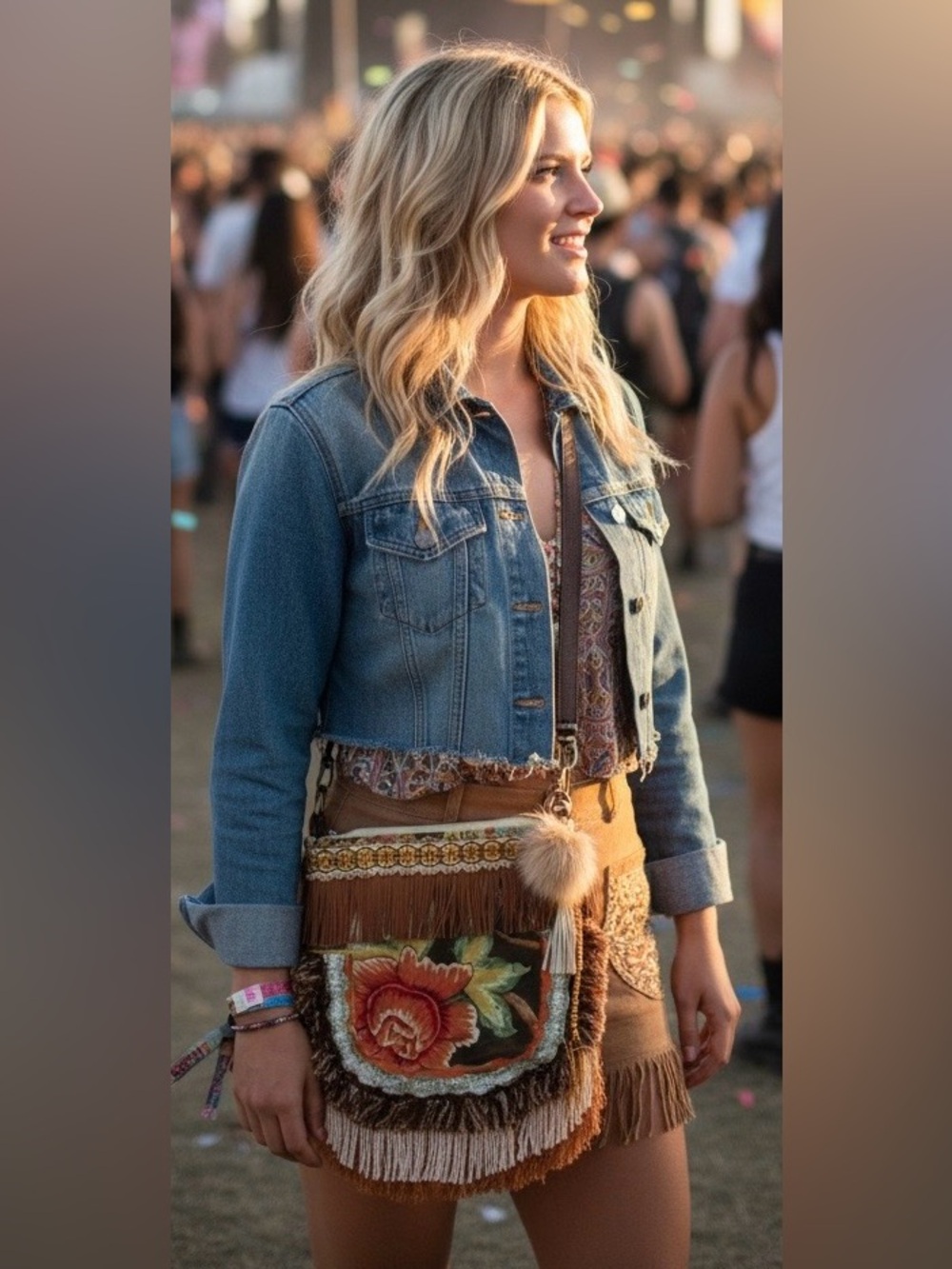 Handmade Boho Flower Power Crossbody Bag - Fringe Roses - Like New